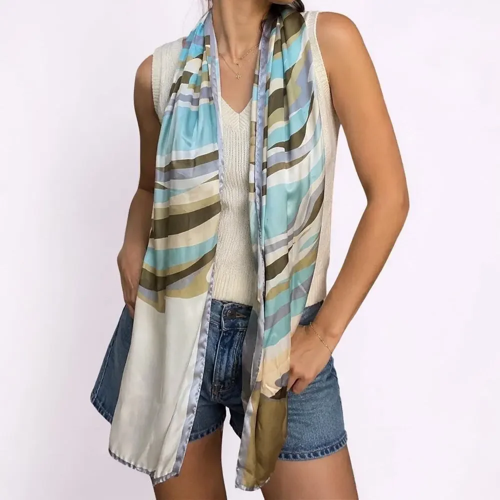 Vintage Made In Italy 100% Silk Abstract Wave Print Scarf Blue Green